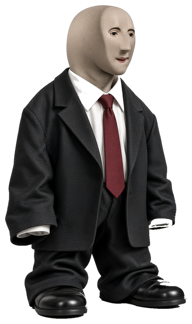 Suit mascot — bald figurine in a black suit and burgundy tie